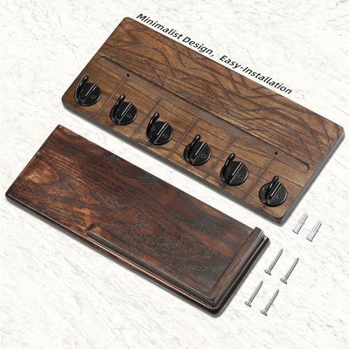 Key Holder Wall Decor-11.8" Solid Ash Wood Entryway Organizer with 6 Hooks & Extra Deep Storage Rack for Key, Mail, Wallet, Leash, Glasses, Hand-Polished & Stained, Easy-Assembly - color: Walnut