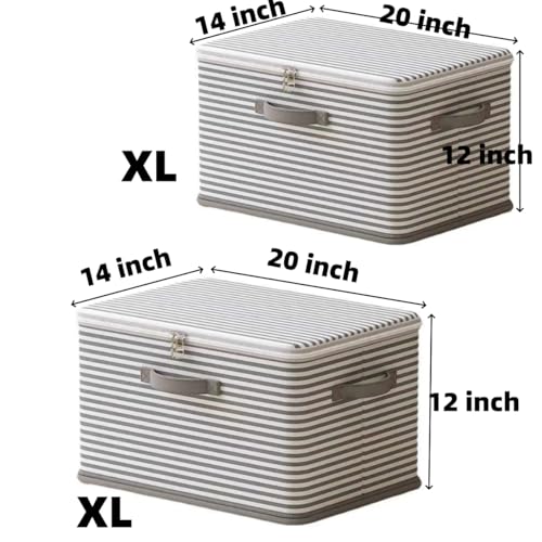 Foldable Storage Containers, Beige Striped Fabric Boxes with Lids, Stackable Closet Organizer Bins for Bedroom, Clothing Storage (Gray, XL) - color: Gray, size: XL