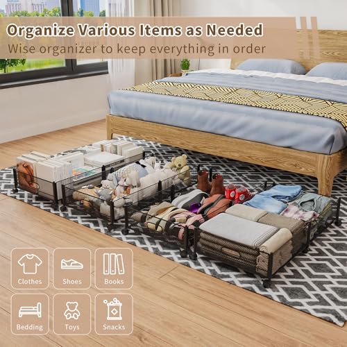 Under Bed Storage on Wheels, Upgraded 31.5 inch Large Rolling Under Bed Storage, Metal Foldable Underbed Drawers Organizer Tool-free Assembly Underbed Shoes Clothes Organize - size: 1 Pack (31.5×15.7")