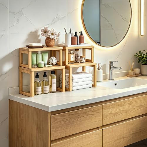 HOOBRO Cabinet Organizer Shelf, Set of 4 Kitchen Counter Shelves, Expandable Kitchen Storage, Stackable Bamboo Spice Rack, for Countertop, Office Desk, Living Room, Natural YL20TLP201 - color: Natural