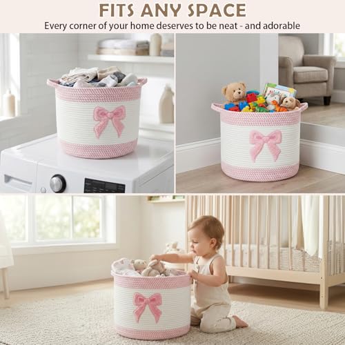 Baby Laundry Basket for Nursery, Baby Storage Baskets, Soft Foldable Cotton Rope Bin with Cute Embroidered Designs for Home Toys Organizer - color: Bow