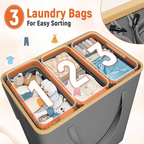 170L Laundry Hamper with Lid 3 Section, Extra Large Laundry Basket with 3 Removable Bags, Laundry Basket Organizer for Bedroom, Laundry Room, Dorm, Clothes Hamper, Grey - color: Grey, size: 170L