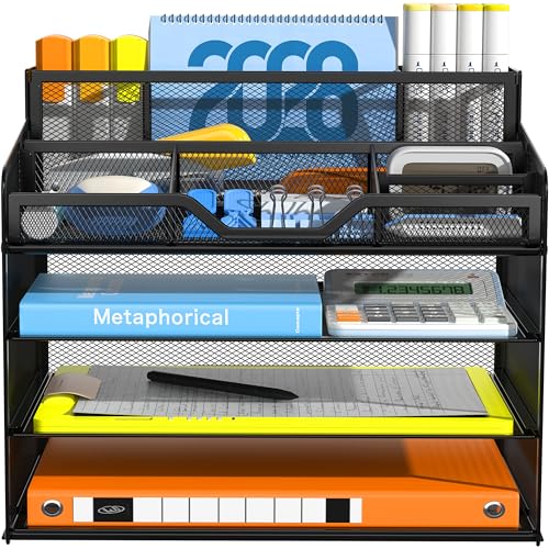 Docnest 4 Tier Mesh Desk Organizer, Multi-Functional Paper Letter Tray with 5 Adjustable Compartments & 3 Pen Holders - Space-Saving Desktop Storage for Office Files, Mail, Stationery - Black - color: Black, size: 4 Tier