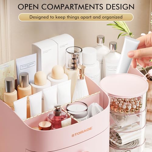 Makeup Organizer Countertop with Drawers, Make up Organizers for Vanity, Skincare Jewelry Earring Organizers, Cosmetic Display Cases Makeup Storage for Bedroom & Bathroom, Ideal Gifts for Women(Pink) - color: Pink