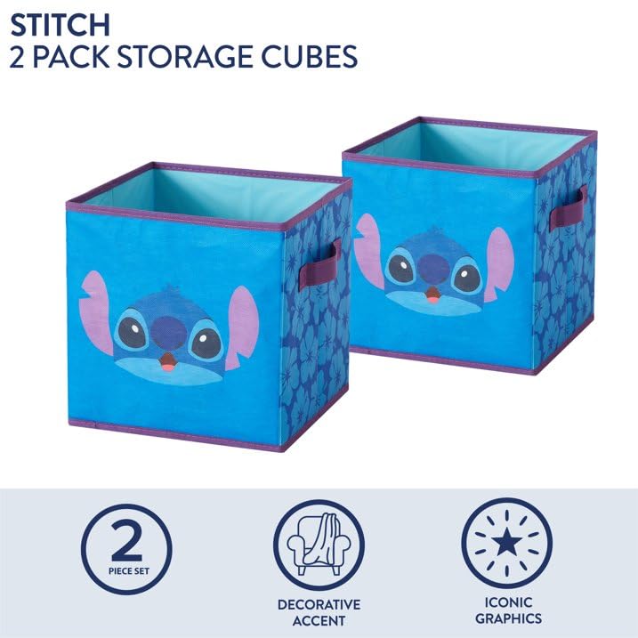 Disney Stitch Storage Bins,10" Collapsible Fabric Cubes, Pack of 2,Kids Organizer, Nursery & Bedroom Decorative Storage Boxes with Handles