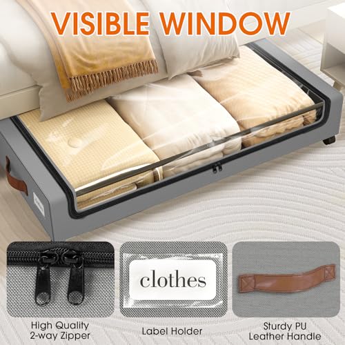 SpaceHacks Under Bed Storage with Wheels 3Pack Underbed Storage with Clear Window&Label Under Bed Drawers Large Capacity Rolling Under Bed Storage for Clothes,Shoes, Blankets (Light Grey) - color: Light Grey, size: 3 pack
