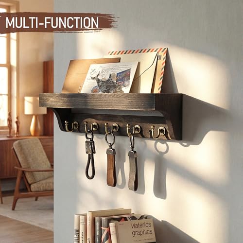 Rebee Vision Key Holder Wall Mount with Shelf – Rustic Key Holder for Wall with 5 Hooks for Keys & Leashes – Stylish Entryway Organizer for Home & Apartment (Distressed Black) - color: Distressed Black