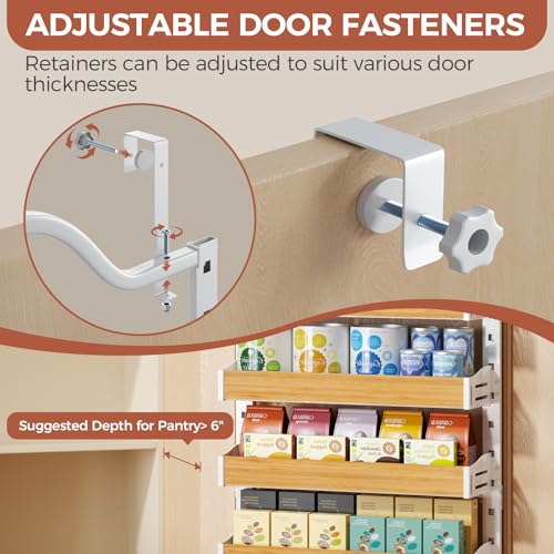 8-Tier Spice Rack Wall Mount, Heavy-Duty Over the Door Pantry Organizer with Wooden Adjustable Basket, 2 IN 1 Wall Mount or Hanging Pantry Door Organizer, Door Spice Rack for Home, White - color: White