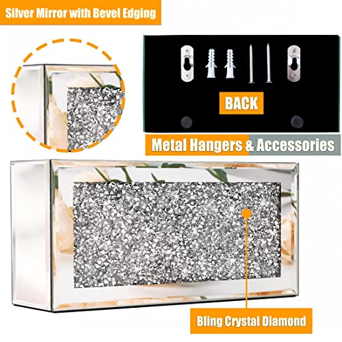 GOTHICO Mirrored Remote Holder, Wall Mounted Crush Diamond Bling Decoration Organizer Storage Box for Remote Phone Pad Wallet Notebook (8.3"×2.5"×4" For 3 or 4 Remote Controls)