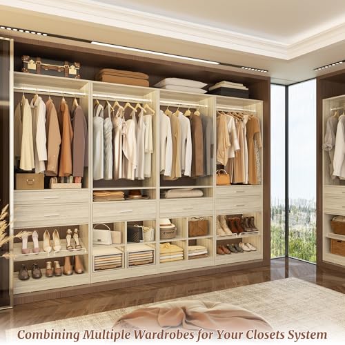 Unikito 50" W x 80'' H Closet Organizer Storage System with 2 Hanging Rod and 2 Wooden Drawers, Adjustable Shoes Rack, 4 Cubby Storage, Walk-in Closet Tower for Bedroom, Mudroom, Entryway, White Oak - color: White Oak, size: 50 Inch