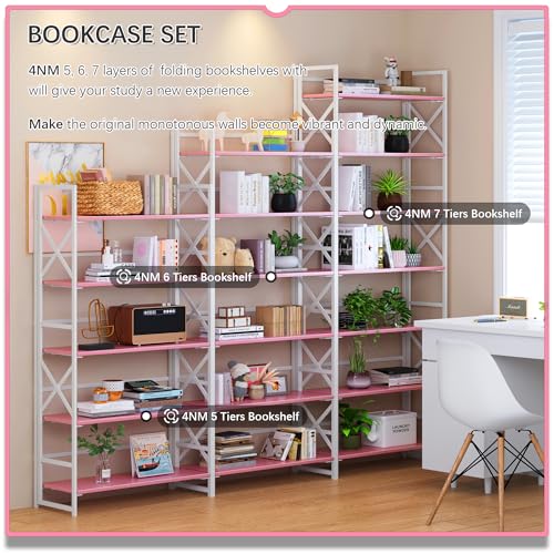 4NM 5 Tiers No Assembly Book Shelves, 51.2" H Folding Bookshelf Bookcase Open Industrial Foldable Shelves for Bedroom, Living Room, Home Office - Pink White - color: Pink White, size: XX 5-Tier