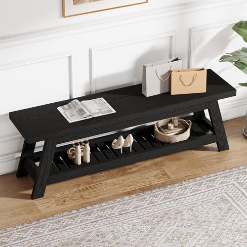Tribesigns Wood Black 2-Tier Entryway Bench with Shoe Storage, 55" Large Narrow Hallway Foyer Seating Bench with Open Shelves for Entryway, Bedroom, Mudroom - color: Black