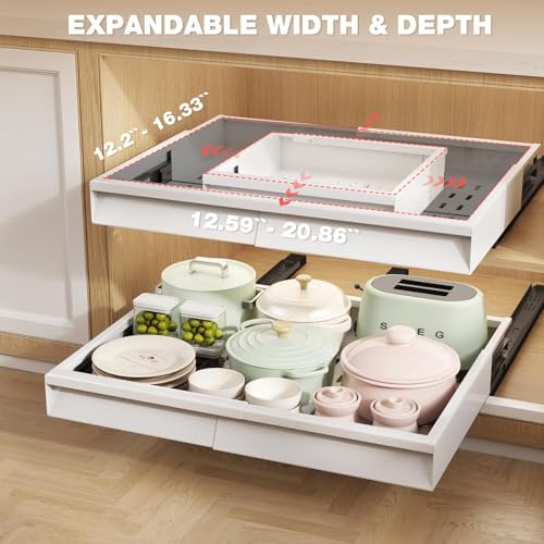 Seinloes 2 Pack Pull Out Cabinet Organizer With Raising Pad for Framed Cabinets,Expandable Width (13"-21") and Depth (13"-17"),3 Slide Rails Slide Out Drawers with Handle,No-Drill Roll Out Shelf,White - color: White, size: 13"-21"W x 13"-17"D(2Pack)