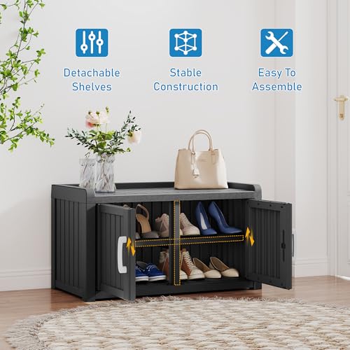 KAMABOKO Outdoor Shoe Storage Cabinet, Waterproof UV-Resistant Entryway Storage Bench Indoor Outdoor with 2 Barn Doors, Adjustable Shelves for Entryway, Bedroom, Hallway,Living Room(Classic Black) - color: Classic Black, size: Double Door