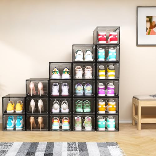 ARSTPEOE 12 Pack Upgrade Harder Shoe Organizer, Shoe Storage with Magnetic Front Door, Clear Shoe Boxes Foldable Space-Saving Shoe Rack for Sneaker Boot Container, Black - color: Black, size: Upgrade 12 Pack