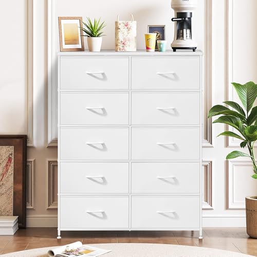 10-Drawer Dresser for Bedroom, Anti-Tip Tall Storage Organizer Chest of Drawers with Wooden Top and Metal Frame Fabric Bins for Closet, Living Room, Hallway, Entryway, White - color: White, size: 11.8"D x 31.4"W x 45.6"H (10 Drawers)