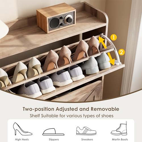 Nicetree Shoe Cabinet with 2 Flip Drawers，Freestanding Shoe Storage Cabinet, Narrow Shoe Organizer Cabinet, Farmhouse Slim Shoe Rack Cabinet for Entryway,Toasted Oak - color: Toasted Oak, style: 2-Drawers