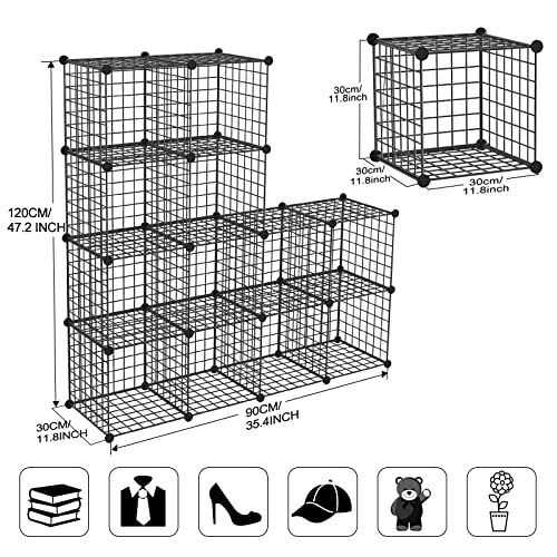 TUMUCUTE Wire Storage Cubes, Metal Storage Shelves Bookshelf, Stackable Modular Closet Organizer for Bedroom Living Room, Office, Black (12 Cubes, Iron) - color: Iron, size: 12 Cubes