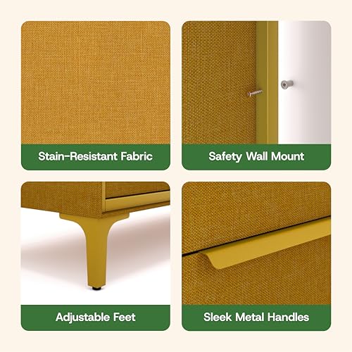 tinge Naima Premium Fabric Dresser - Strong Metal Frame, 5 Spacious Sag-Proof Drawers with Sleek Metal Handles - Premium & Durable Storage Solution for Your Home (Yellow) - color: Yellow, size: 14"D x 23.5"W x 41.8"H (5 Drawers)