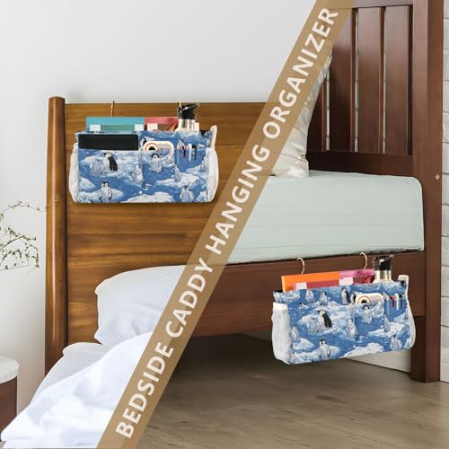 Bedside Caddy Hanging Bunk Bed Caddy Bed Organizer Hanging Pocket with 2 Hooks Bedside Storage Organizer Pocket Bag Holder Blue Penguins Ice Floes Snow Water - color: Blue Penguins Ice Floes Snow Water