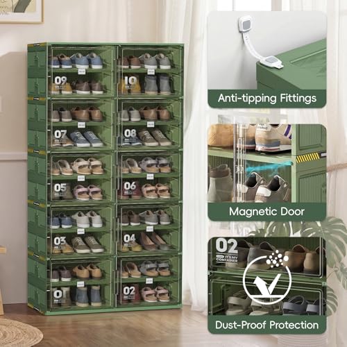 JEKO&JEKO 8 Tiers Green Foldable Shoe Rack Organizer for Entryway, Outdoor Front Door Shoe Storage Cabinet, Large Collapsible Shoe Box with Magnetic Doors, Holds Up to 32 Pairs - color: Double-row(Green), size: 8 Tiers