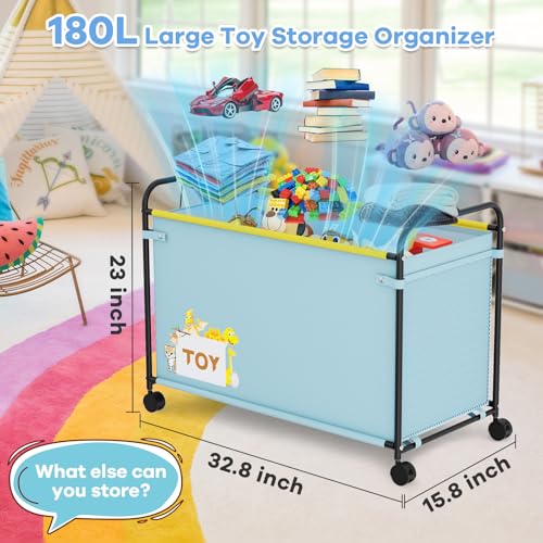 Extra Large Toy Box, 180L Toy Storage Organizer with Wheels, Metal & Oxford Cloth Toy Chest With Handle, Toy Box for Living Room Area, Nursery, Bedroom, Playroom, Toy Boxes for Boys, Girls, Kids - color: Light blue-1PCS