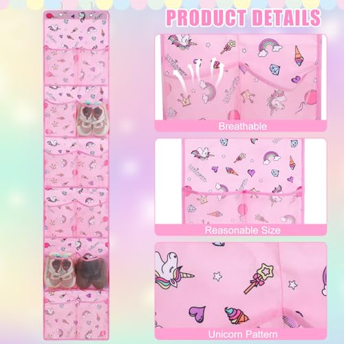 Windyun 2 Pcs Kids over The Door Shoe Organizer 24 Pockets Unicorn Baby Water Bottle Organizer Rack Hanging Girls Pink Shoe Storage for School Door Closet Bedroom Wall