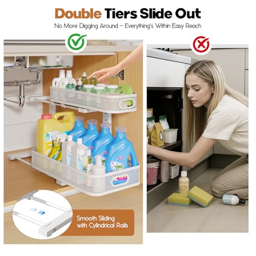 2 Pack 19.3IN-Depth Under Sink Organizer with Smooth Cylindrical Rail,2-Tier Pull Out Multi-Purpose Cabinet Storage for Bathroom&Kitchen,Height Adjustable,Rust-Resistant Coating-White - color: White, size: 2 Pack-19.3"Dx11"-16.14"H