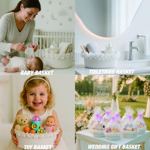 Yimi's Dream Cotton Rope Gift Basket – White Woven Gift Basket with Lace, Decorative Organizer for Baby Shower, Housewarming, Nursery, Toys, Socks, Diapers, Christmas, Holiday Gifts - color: white with lace, size: Oval - 12"x8"x5"