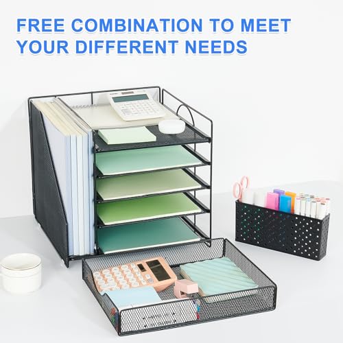Desk Organizer with Drawer and Pen Holder, 5-Tier Paper Letter Tray Organizer with File Holder, Suitable for Workspace Organizer Office Supplies Storage (Black) - color: Black