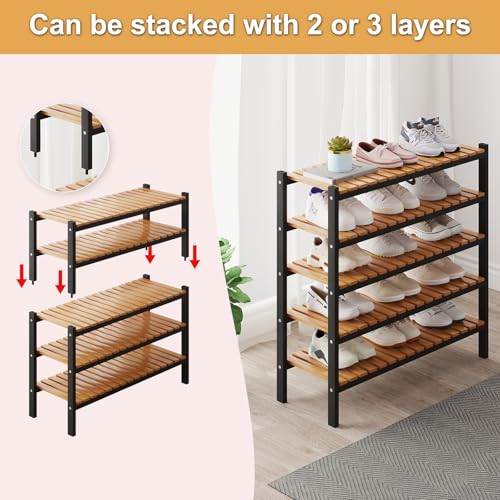 Bamboo Shoe Rack Organizer for Closet and Entryway - Space-Saving Narrow Shoe Stand - Versatile Shoe Holder for Door or Closet Shelf, Garage Bedroom can Freely Stack DIY Small Shoe Racks 3 Tier - color: Black+natural Color, size: 3-Tier