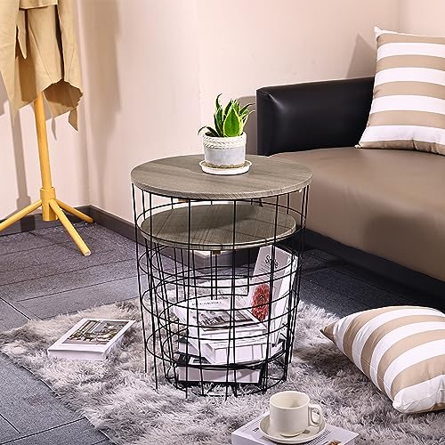 Elevon Nesting Table End Table Wire Basket Base with Wood Tops Side Table Set of 2, Gray - color: Grey