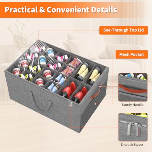 Aokeyee 2 Pack Shoe Organizer for Closet, Large Shoe Storage Box Fits up to 48 Pairs, Space Saving Foldable Shoes Organizer Bin w/Clear Cover and 4 Reinforced Handles, Grey - color: Grey, size: Fits up to 48 Pairs