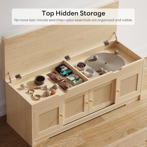 LIKIMIO 47.2" Shoe Bench with Lift Top Storage, Entryway Bench with Cushioned Seat, 2-Tier Rattan Shoe Cabinet with Adjustable Shelf, Storage Bench for Bedroom, Living Room, Hallway, Natural - color: Natural