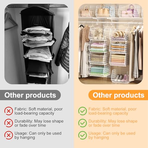 X-cosrack 4 Tier Closet Hanging Organizer, Foldable Closet Shelving with 2 Hanging Hooks 5 S Hooks, Wire Storage Basket for Wardrobe Laundry Room, for Clothing Sweaters Shoes Handbags Patent-White - color: White