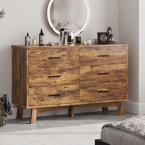 Xixini Dresser for Bedroom, 6 Drawer Wide Modern Chest of Drawers with X-Shaped Sturdy Base, Wood Double Dresser Closet Clothes Storage Organizer, Wooden TV Stand for Living Room, Hallway, Brown - color: Brown, size: 15.6"D x 47.2"W x 29.5"H (6 Drawers)