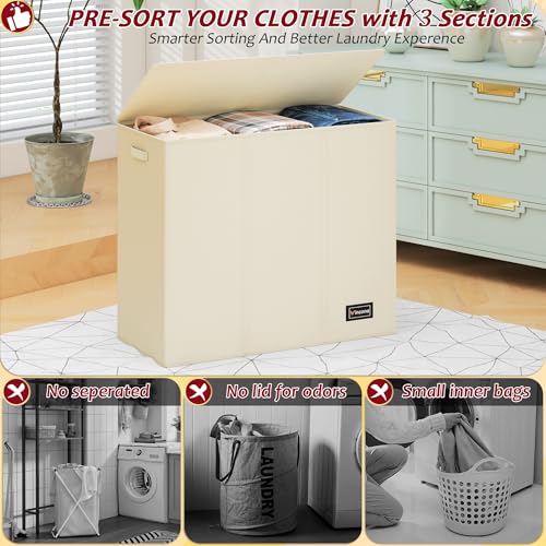 195L Laundry Hamper 3 Section,Large Laundry Hamper with Lid,Dirty Clothes Hamper with 3 Inner Bags,Collapsible Laundry Basket Organizer for Laundry Room,Bedroom,Laundry Sorter Hamper 3 Compartment - color: Beige, size: 195L