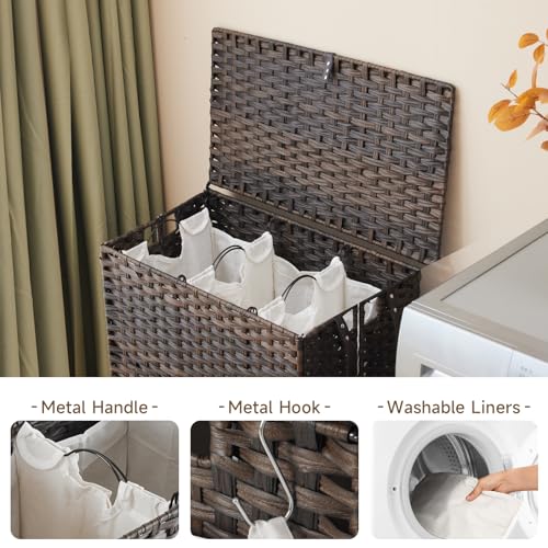 Laundry Hamper with Wheels, 39.6 Gallon(150L) Rolling Laundry Basket with Lid, 3-Section Rattan Clothes Hamper with 3 Removable Liner & 3 Mesh Bags, Laundry Sorter with Side Pocket, Brown - color: Brown, size: 150L（23.62 x 15.75 x 25.6 Inches）