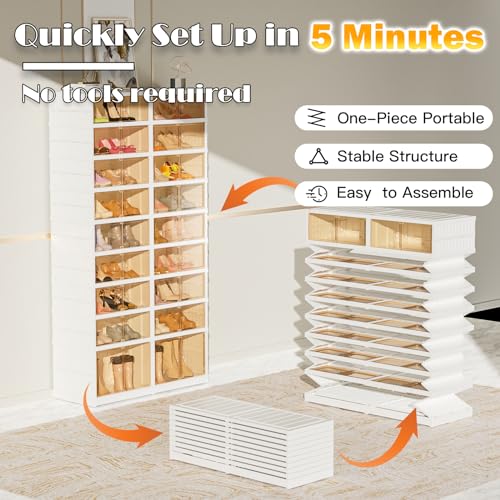 9-Tier Portable Shoe Rack Organizer for Closet, 36 Pairs Shoe Container Bins, Clear Plastic Collapsible Shoes Storage Box, Stackable Sneaker Storage Shoe Cabinet with Door - size: 9 Tiers - 36 Pairs