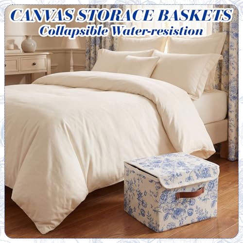 2 Pack Blue Floral Storage Bin with Lids Handles Large Blue and White Porcelain Storage Boxes 10x8x7 Inch Foldable Fabric Basket Decorative Cube Organizer for Clothes Nursery Home Dorm - size: 10x8x7 Inch