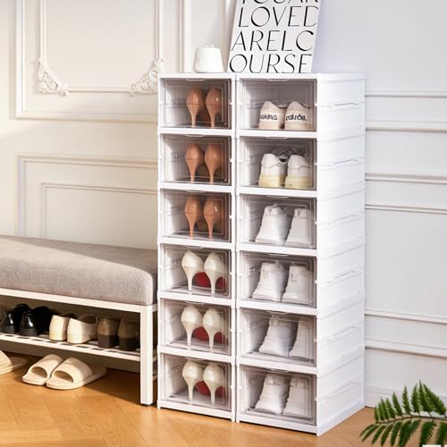 ZLLZUU Shoe Storage Box, No-Assembly 6 Tiers Foldable Shoe Organizer with Clear Door, Space-saving Shoe Rack，Sturdy Clear Plastic Stackable Sneaker Container - color: 6Tiers
