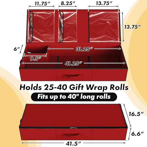 Simple Houseware 41.5" Wrapping Paper Storage Organizer - Fits 40 Rolls with Adjustable Straps, Interior Divider for Ribbons & Bows, 3 Clear Pockets for Gift Bags & Tools, 41.5''L x 16''W, Red - color: Red