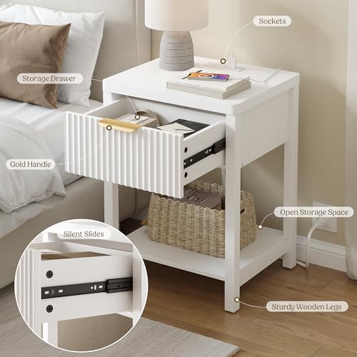 Lulive Modern White Night Stand, Fluted Nightstand with Charging Station, Wood Modern Bedside End Table with Storage Drawer for Bedroom, Save Space (Set of 1, White) - color: White, size: 1 Drawer-Set of 1 Nightstand