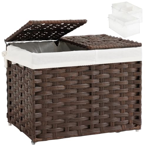 SETVSON Storage Basket with Lid Woven Wicker Baskets with 2 Separate Lid, 9.2 Gallon (35 L) Wicker Storage Bins with Handles, Foldable and 2 Removable Liner Bags for Bedroom, Laundry Room Brown - color: Brown, size: 35L-15.7L*11.8W*11.8H