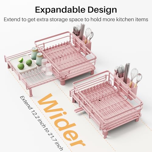 SNTD Dish Drying Rack - Extendable Dish Rack, Large Sink Drying Dish Drainer for Kitchen Counter, Stainless Steel Dish Strainer with Utensil Holder (Pink) - color: Pink