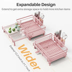 SNTD Dish Drying Rack - Extendable Dish Rack, Large Sink Drying Dish Drainer for Kitchen Counter, Stainless Steel Dish Strainer with Utensil Holder (Pink) - color: Pink