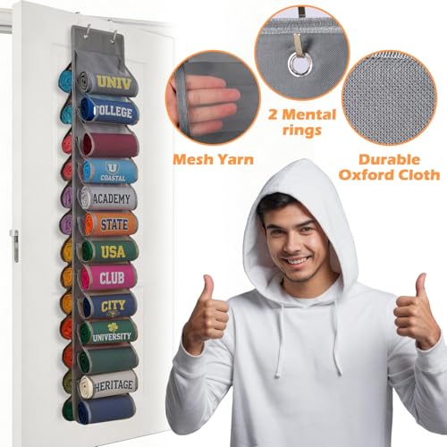 Over the Door Hoodie Organizer, Double Sided Holds 26 Hoodies, Gray Hanging Storage with 2 Hooks and Rope for Door Closet Cabinet Use, Ideal for Dorm Rooms Bedroom, Small Spaces, 54.3 Inch - color: Grey