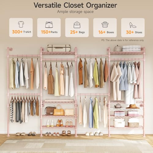 ONBRILL H4 Wall Mounted Closet System, Expandable Industrial Pipe Clothes Rack Clothing Rack for Hanging Clothes, Heavy Duty Closet Organizers and Storage in Wardrobe Closet - color: Pink