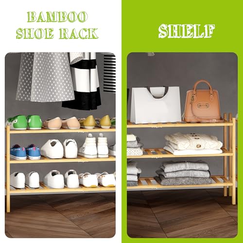 BMOSU 3-Tier Bamboo Extended Shoe Rack Premium Stackable Shoe Shelf Storage Organizer for Hallway Closet Living Room Entryway Organizer (Natural Bamboo) - color: Natural Bamboo, size: 3-Tier Long（33.3*11*18.3inches）