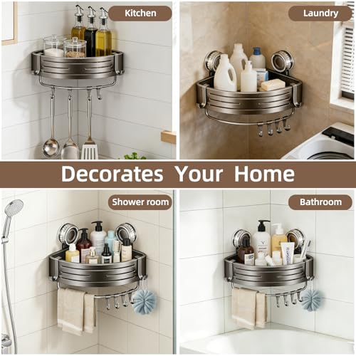 Corner Shower Caddy,Suction Cup Shower Bathroom Wall Shelf,No Drill Rust Proof Aluminum Organizer with Hooks,Floating Rack for Inside (Suction Cup Corner Shower Caddy,1 Tier,Gray) - style: Suction Cup Corner Shower Caddy ,1 Tier ,Gray